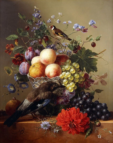 Peaches, Grapes, Plums and Flowers in a Glass vase with a Jay on a Ledge, (oil on canvas)
