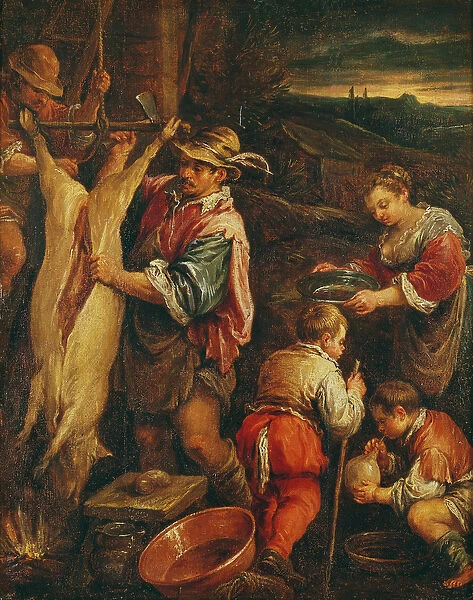 A Peasant Skinning a Pork (oil on canvas)