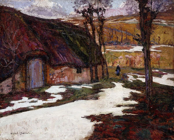 Peasant in Front of a Thatched Cottage; Paysanne devant la Chaumiere, (oil on cardboard)