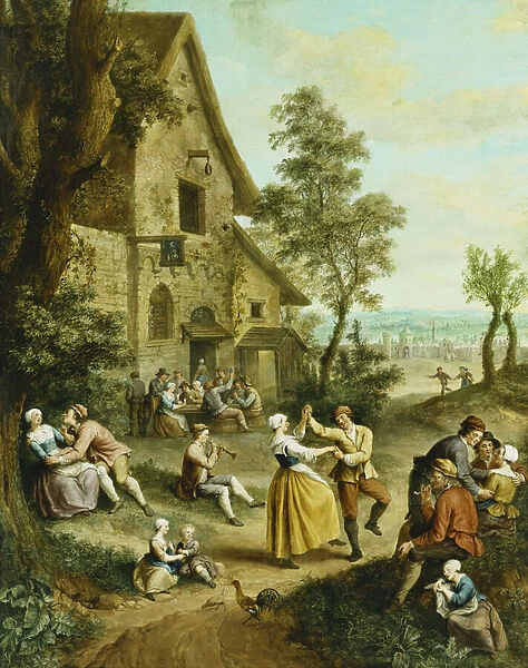 Peasants Dancing and Merry-Making Before a Tavern, a Walled Town Beyond, (oil on canvas)