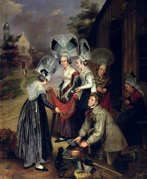 A Peddler Selling Scarves to Women from Troyes (oil on canvas)