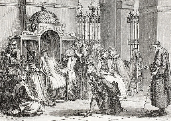 People in church gathered around the priest, waiting to make their confession, after