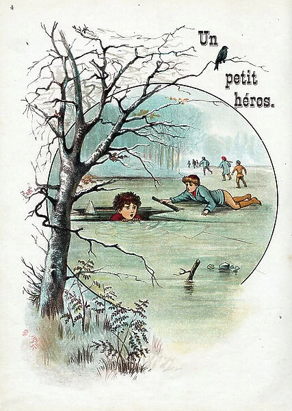 Un petit heros : enfant sauvant un ami tombe en dessous de la glace d'un lac gele. Gravure du journal 'Gazette des Enfants', 1895. Collection privee Jean-Paul Paireault