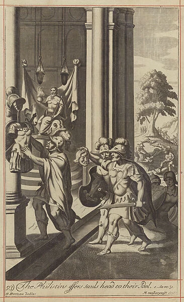 The Philistins offers Sauls head to their Idol (engraving)