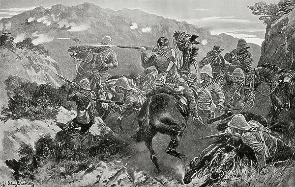 A picket of 13th Hussars surprised near the Tugela River, Hussar Hill, KwaZulu-Natal Province during the second Boer War, from South Africa and the Transvaal War, by Louis Creswicke, published 1900 (litho)