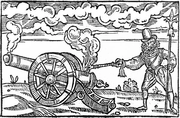 A Pikeman Lighting a Cannon (woodcut)