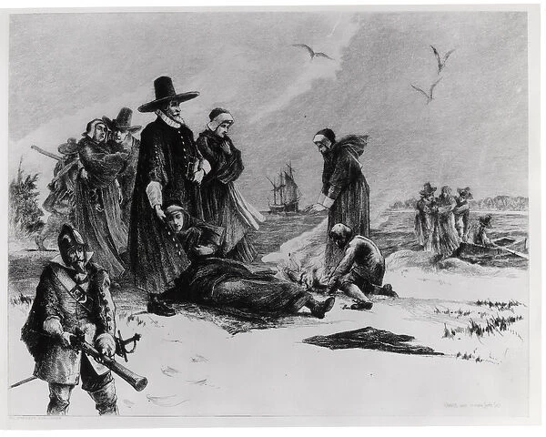 Pilgrims (engraving) (b  /  w photo)