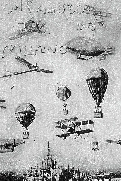 Pioneers of Italian aviation: Greetings from Milan. This postcard attested that the imagination was beginning to be struck by the large number of aerial machines simultaneously in flight