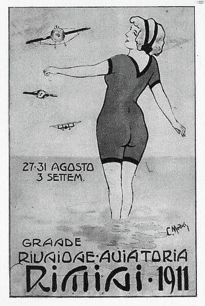 Pioneers of Italian aviation: Postcard commemorating the Great Aviatoria Meeting in Rimini from 27 to 31 August 1911. Italy
