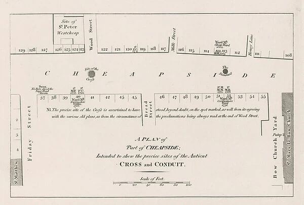 A plan of Cheapside, London, intended to show the precise sites of the ancient Cross and Conduit (engraving)