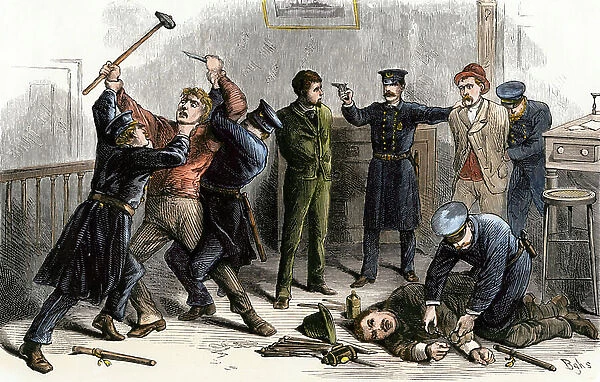 Police capturing burglars in a New York bank around 1870. Coloured engraving, 19th century