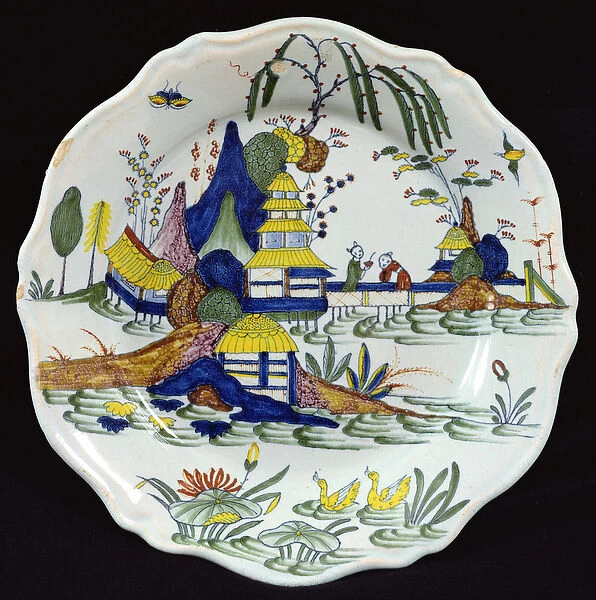 Polychrome Plate, Chinese Landscape of a Lake, created in the Sinceny Atelier (ceramic)