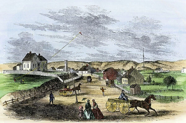 Pond Village, in Truro, Cape Cod, Massachusetts, circa 1850. Homes and ordinary activities, children's games, walks, hitch... 19th century lithography
