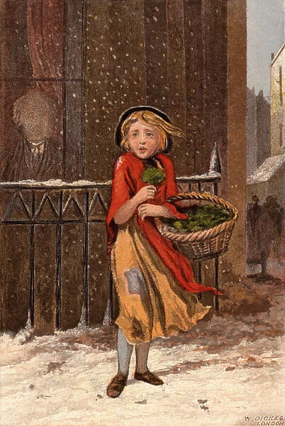 Poor girl selling watercress on a snowy street (chromolitho)