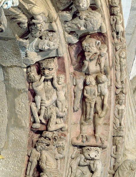 Detail of the Portico de la Gloria with scenes of Hell (stone)