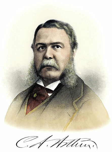 Portrait of American President Chester Alan Arthur (1830-1886), with his signature. Colour engraving of the 19th century