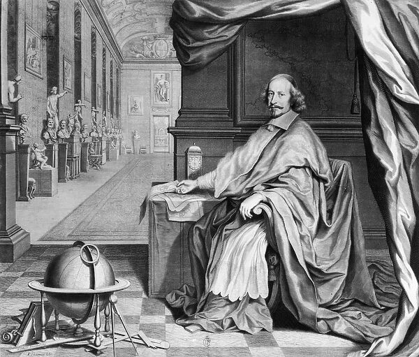 Portrait of Cardinal Mazarin (1602-61) in his Palace, c. 1658-60 (engraving) (b  /  w photo)