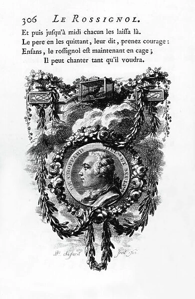 Portrait of engraver Pierre Philippe Choffard (1750-1809), illustration of book 'Contes et nouvelles en vers par Jean de La Fontaine' 1762 editon, Amsterdam