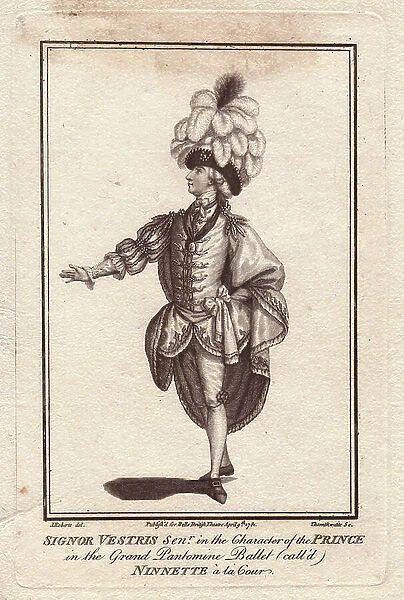 Portrait of the French dancer and mime Gaetan Vestris (senior) (1729-1808), in the ballet pantomime Ninette at the court. The wife of German dancer and singer Ann Heinel and illegitimate father of Auguste Vestris (Junior)