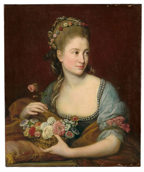 Portrait of a lady as Flora, half-length, holding a wicker basket of flowers
