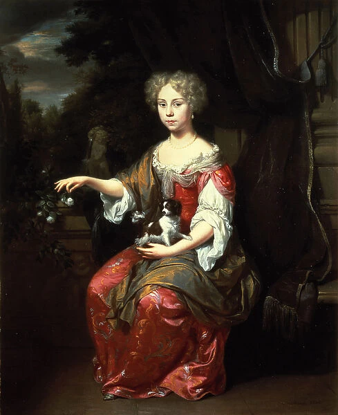 Portrait of a Lady holding her pet King Charles Spaniel (oil on canvas)
