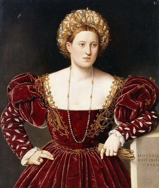 Portrait of a Lady, three-quarter-length, in a burgundy dress with slashed sleeves