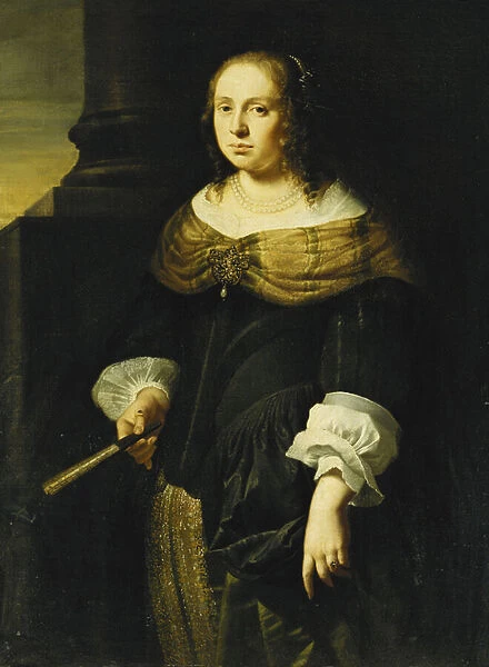 Portrait of a Lady, Three-Quarter Length, Wearing a Black and Green Dress, Holding a Fan