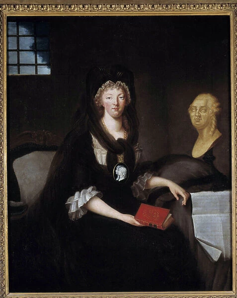 Portrait of Marie Antoinette (1755-1793) in great mourning at the Temple Prison (or Marie Antoinette at the Concierge, in mourning, with a camee representing the dolphin, holding a book of the life of Mary, Queen of Scotland)