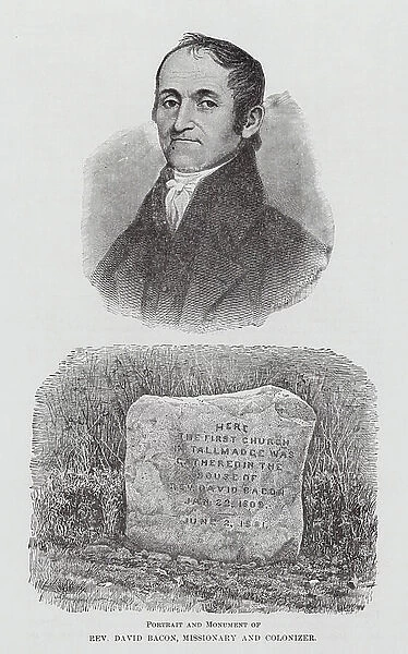 Portrait and Monument of Rev David Bacon, Missionary and Colonizer (engraving)