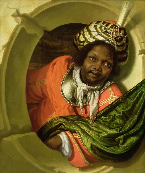Portrait of a Moor holding a flag at a window (oil on panel)