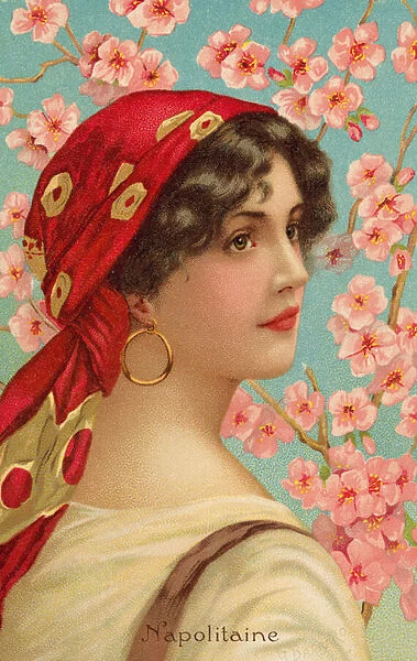 Portrait of a Neapolitan woman with a tree in blossom (colour litho)