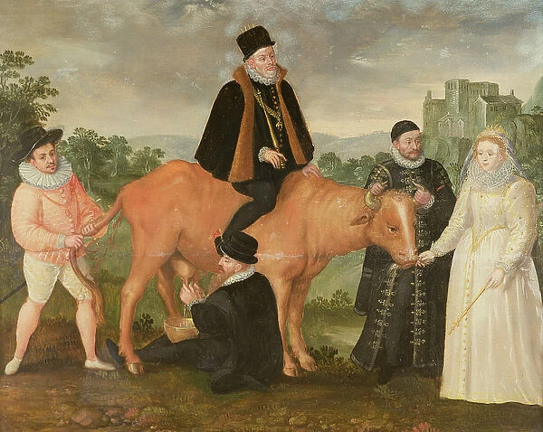 Portrait of Philip II (mounted on a cow), the Duke of Alencon, the Duke of Alba, William of Orange