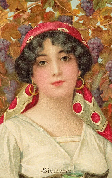 Portrait of an Sicilian woman with a grape vine (colour litho)