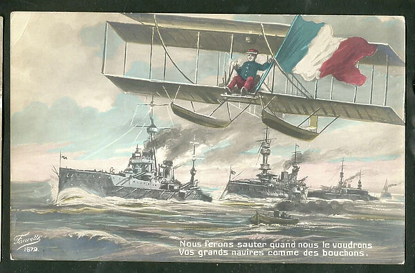 Postcard, in Colors, 1915: We will blow up whenever we want - War of 14 -18, Air Force, Marine Marine Seaside, Patriotism
