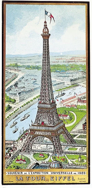 Postcard depicting the Eiffel Tower at the Exposition Universelle, 1889 (colour litho)