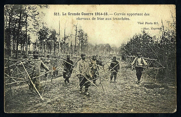 Postcard, in N & B: Corvee bringing frieze horses to the trench - kameraden apa - War of 14 -18, Photography, Corvee, Front (military) - Soldiers