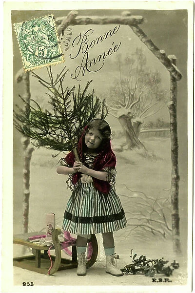Postcard, New Year's Greetings ' Happy New Year': portrait of a girl with a Christmas tree. The beginning of the 20th century