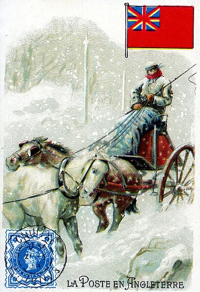 A Postman in England delivering mail in winter, late 19th century (colour litho)