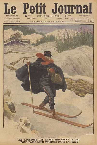 Postmen in the French Alps using skis to make their rounds (colour litho)