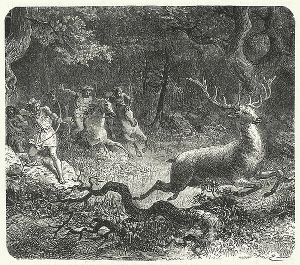 Prehistoric men using horses to hunt (engraving)