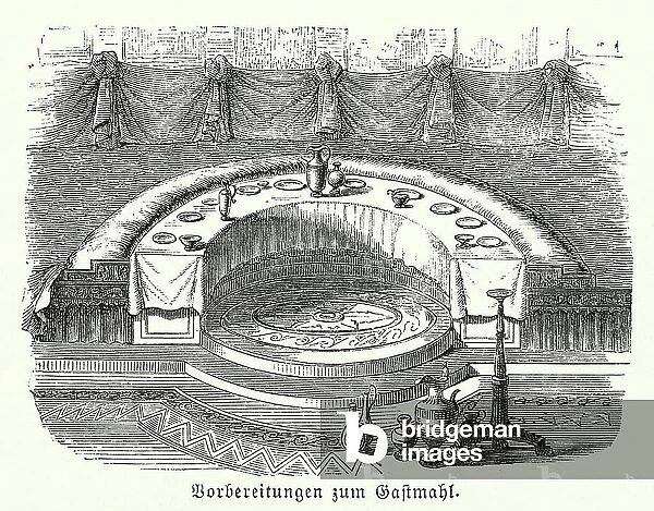 Preparations for an ancient Greek banquet (engraving)