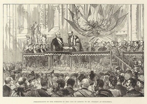 Presentation of the Freedom of the City of London to Mr Stanley at Guildhall (engraving)