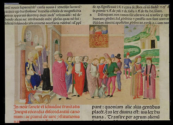 Presentation of the work to the Pope, from Decretum Gratiani (vellum)