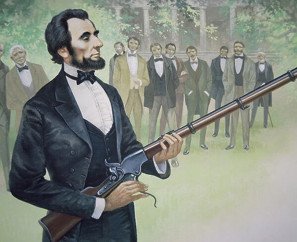 President Abraham Lincoln test-fires the Spencer seven-shot repeater rifle in August 1863