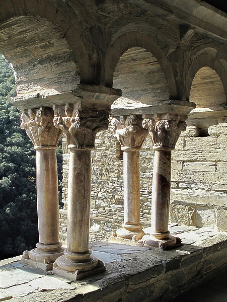 Prieure of Serrabone, founded in 1082. Top and outer column of the cloister. Boule d'Amont (Boule-d'Amont), Pyrenees Orientales (Pyrenees-Orientales), Languedoc Roussillon (Languedoc-Roussillon), France. Photography