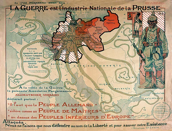 Propaganda poster to encourage people to go in the army to fight against germans, poster by Maurice Neumont december 1917. We can see the map of the Europe with an octopus above Germany spread its tentacles and some phrases said by general Petain