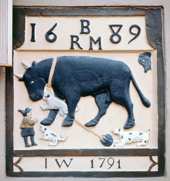 Pub sign from the Bull and Dog (formerly the Black Bull) 1689 (painted stone)