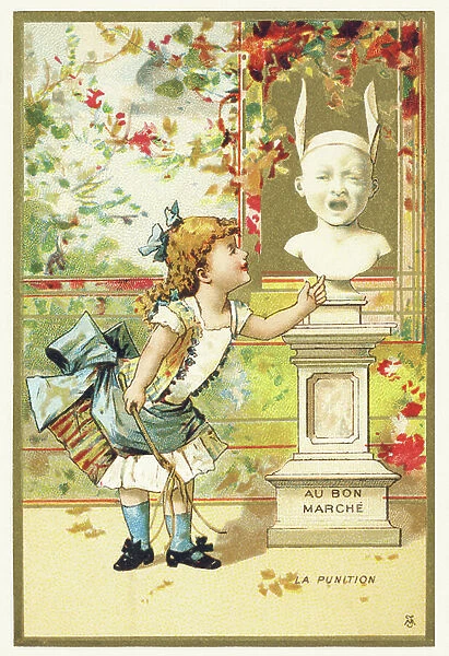 Punishment. A little girl, a swifter, laughs at the bust of a child wearing a donkey cap. Advertising chromolithography. Lithograph J. Minot et Cie, editors, Paris, late 19th century. Dimensions: 11.5 x 8 cm