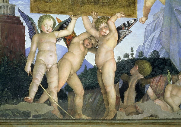 Putti with butterfly wings supporting the dedicatory plaque