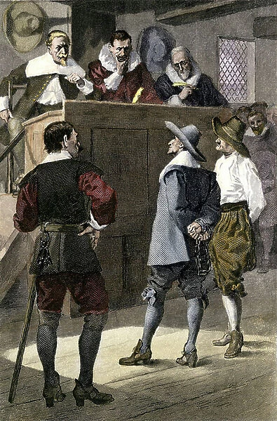 Quakers before the judges of the Court of the English Court, United States. Colour engraving of the 19th century